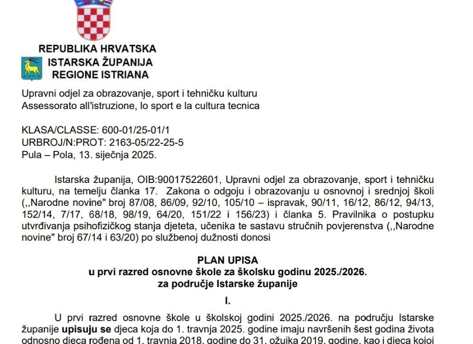 OBAVIJEST – Plan upisa u prvi razred